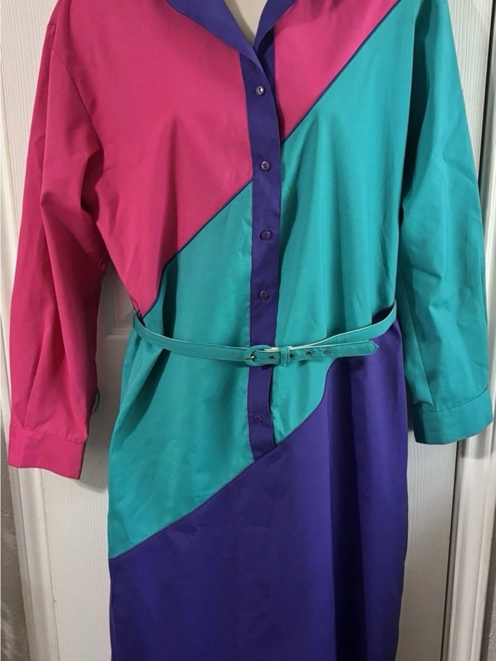 Colorblock Midi Shirt Dress with Self Belt in Pink, Teal & Purple